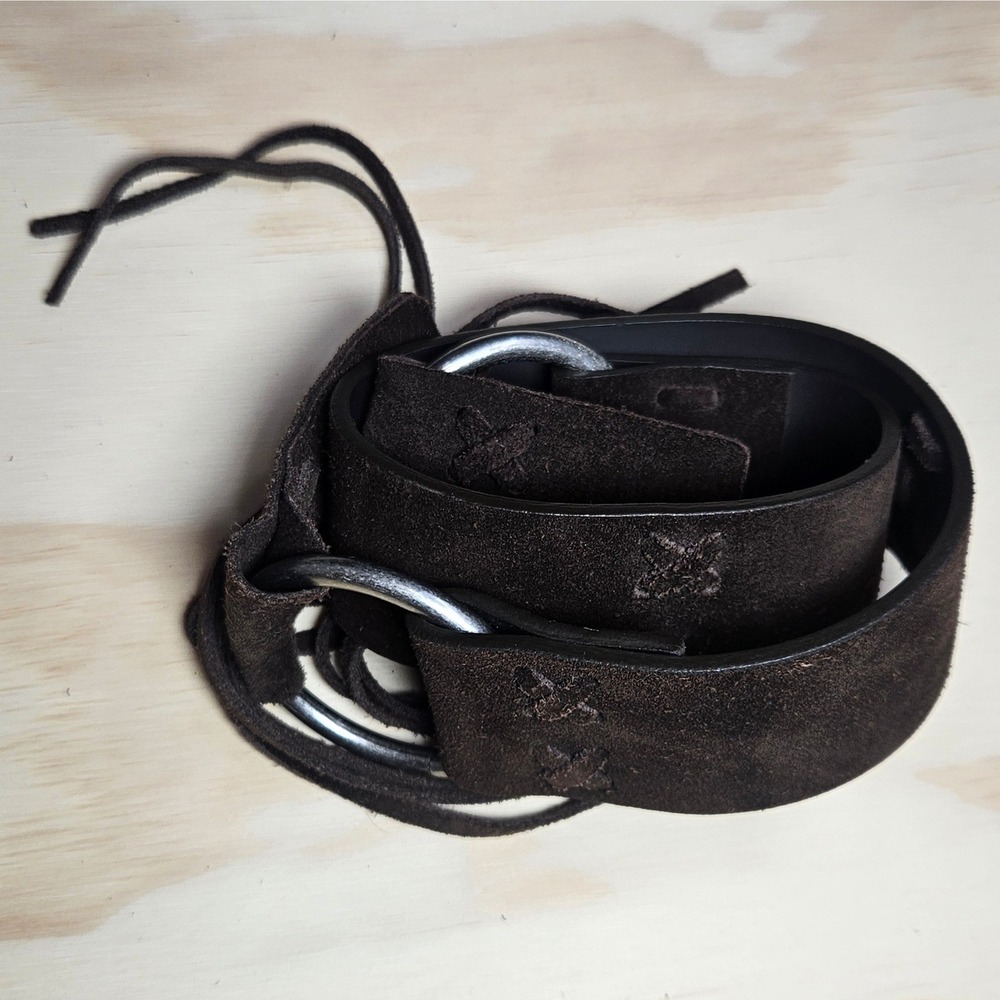 New York & Company Dark Brown Suede Fringe O-Ring Tie Belt Size SM